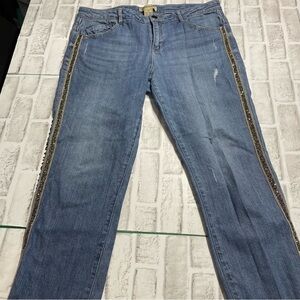 Democracy Blue Jeans with accent jeweled trim. Flex. Raw hem. Size 14.